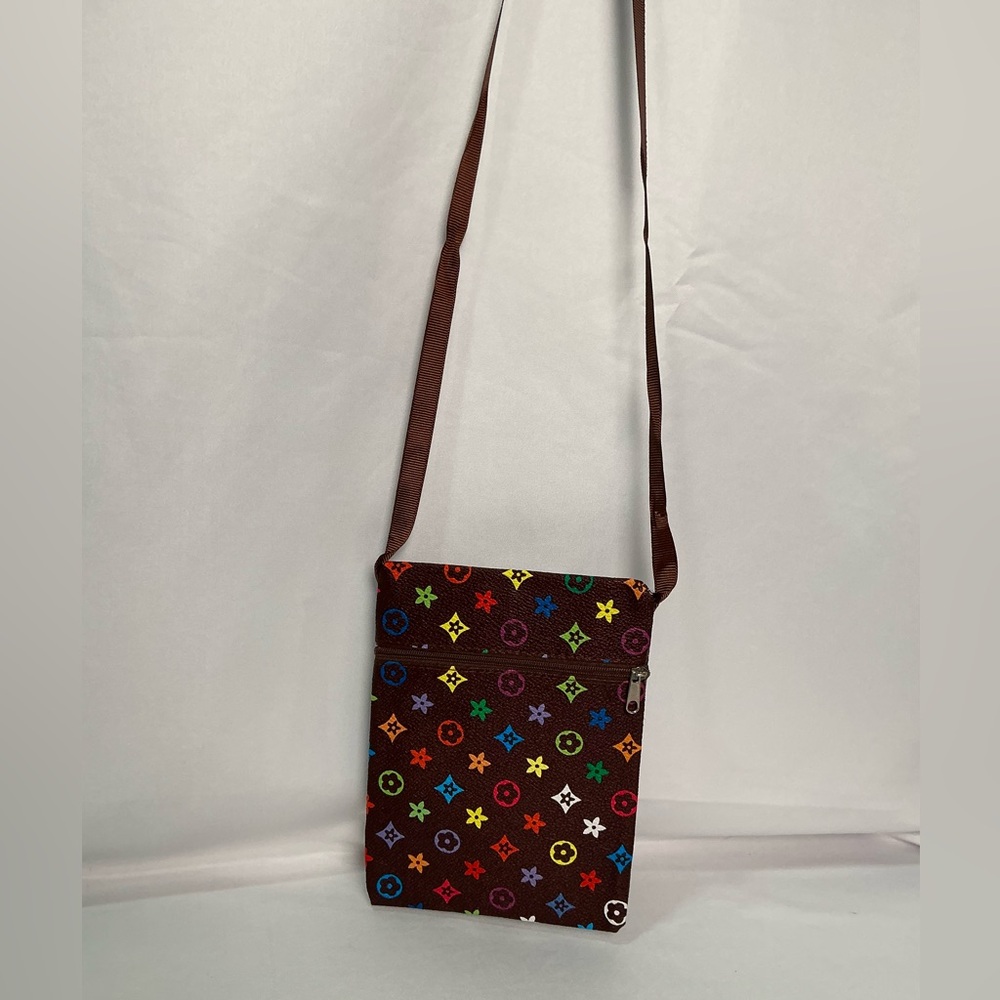 Multicolor Designer Murakami Zipper Side  Crossbody Bag wRibbon Strap 
Brown New